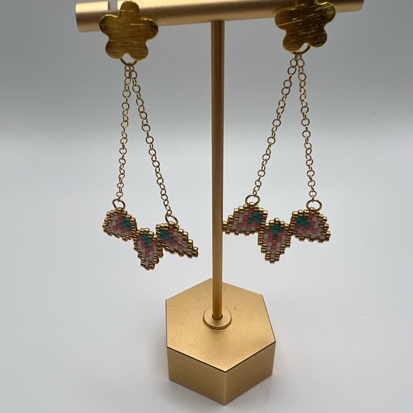 Delicate Gold Floral Dangle Earrings - Cute Beaded Flower Earrings - Picture 12 of 13